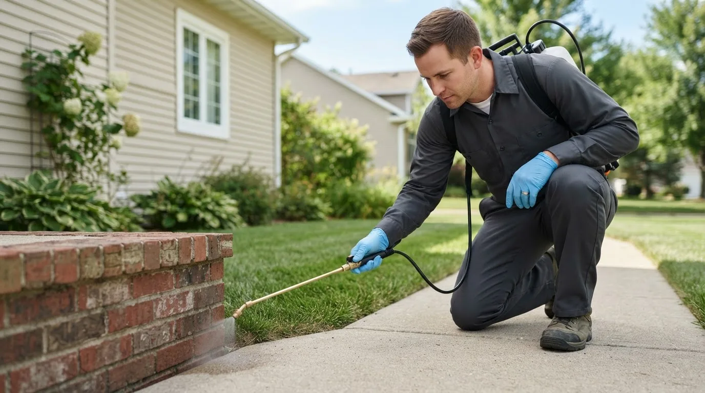 Pest control technician treating a home near Phillipsburg, OH