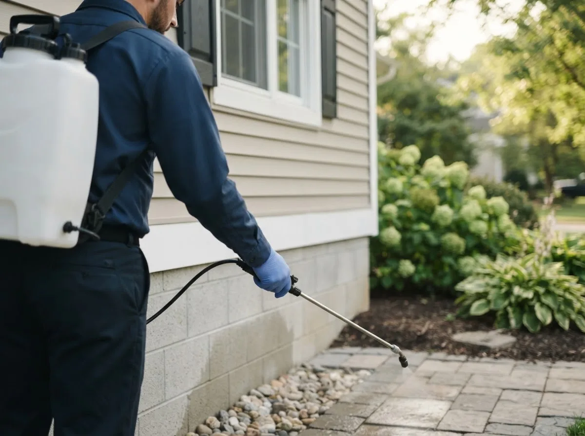 Pest control technician inspecting a home in Phillipsburg, OH